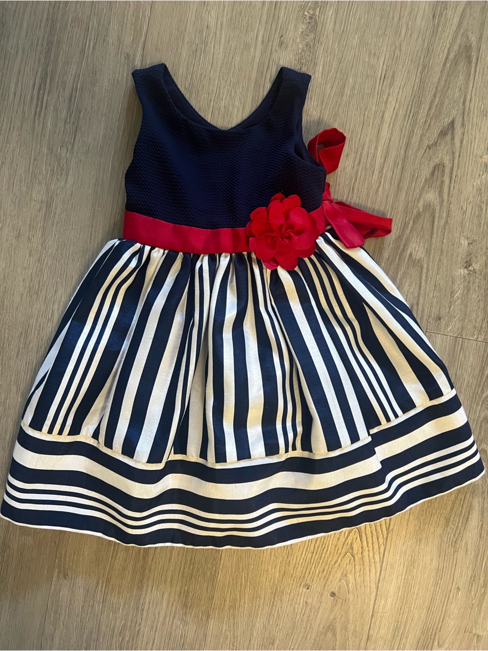 Jona Michelle Navy, White & Red Striped Floral Sash Party Dress